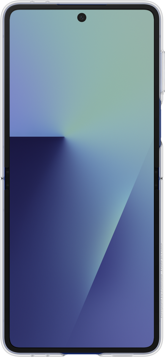 Uno smartphone con display sfumato blu e verde. Il telefono ha una fotocamera in alto ed è in una custodia trasparente.