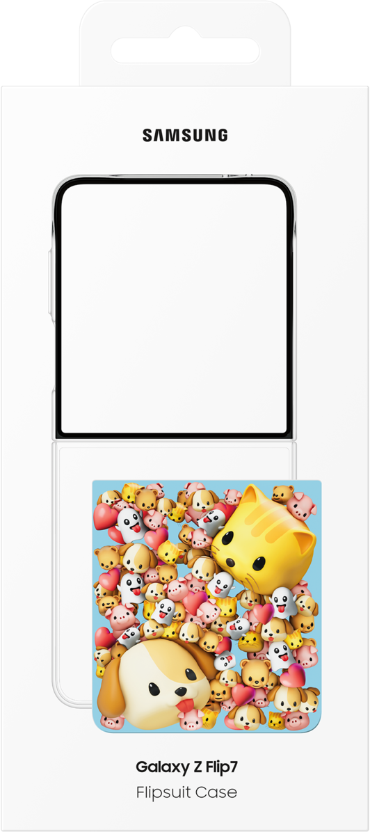 Una custodia Samsung Galaxy Z Flip7. La custodia presenta un design di animali dei cartoni animati su sfondo azzurro. La custodia è bianca.
