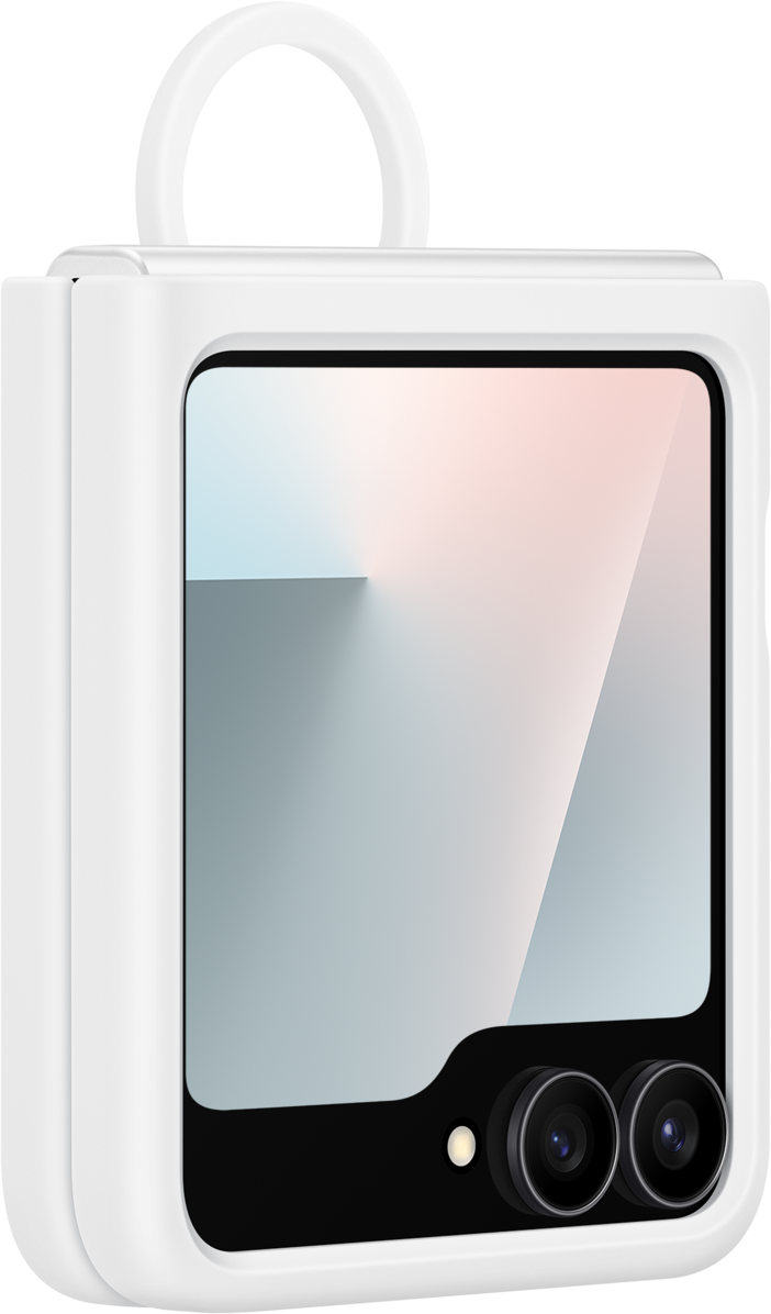 Un telefono pieghevole bianco con uno schermo con sfumature di colore. Ha un'ansa, due fotocamere e una piccola luce.