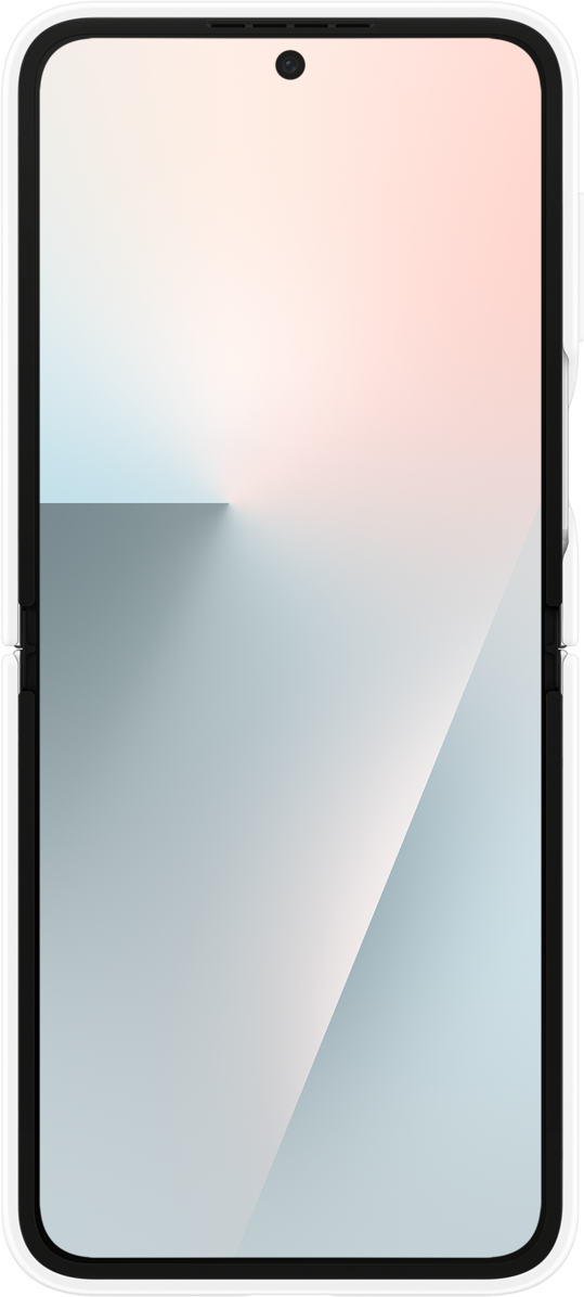 Uno smartphone piegato con display sfumato, che fonde rosa e blu, su una cornice bianca. È visibile una fotocamera frontale.