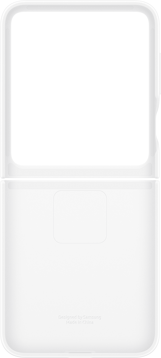 Un telefono pieghevole bianco è mostrato in vista dall'alto. La metà superiore è aperta, rivelando uno schermo nero.
