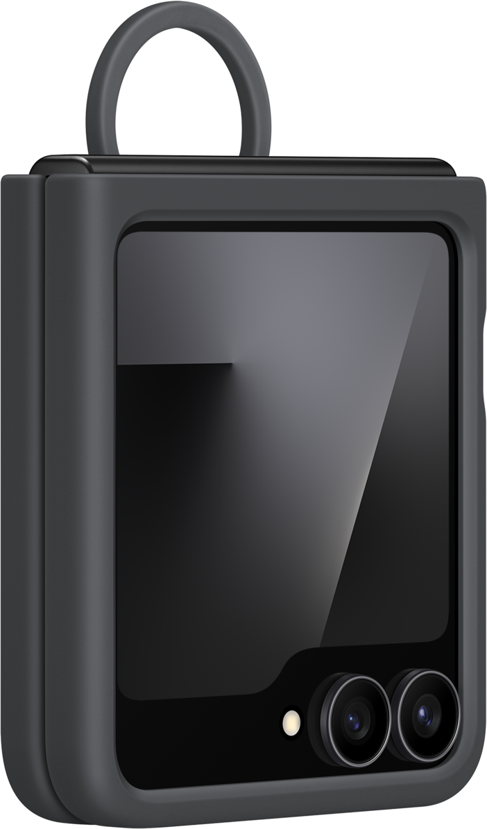 Un appareil rectangulaire gris foncé avec une poignée. Il possède un écran, deux caméras et une lumière à l'avant. L'écran reflète la lumière.