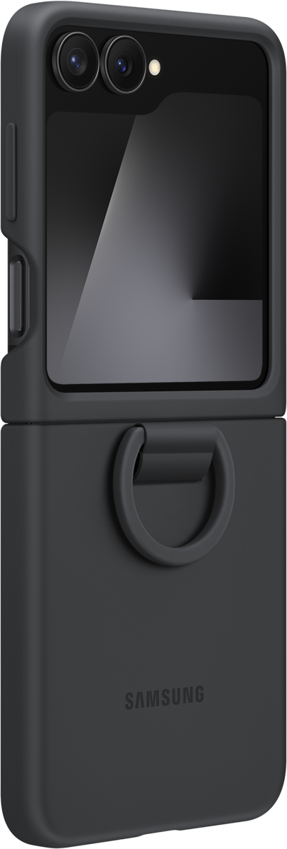 Une coque de téléphone Samsung noire. Elle a un anneau, une caméra et le nom de la marque.