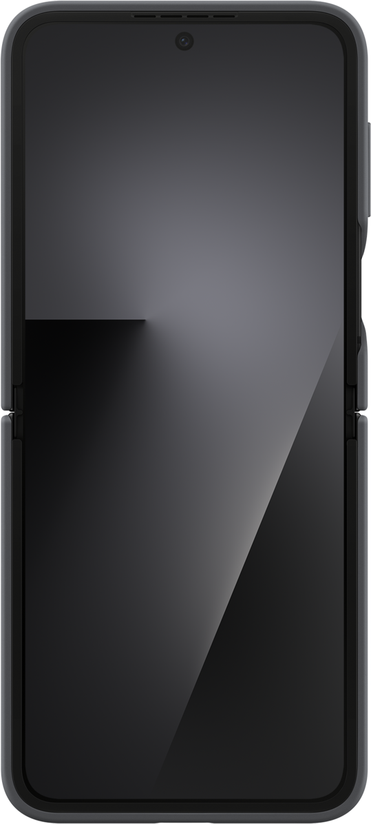 Un smartphone gris foncé plié avec un écran noir est affiché. L'appareil est équipé d'une caméra et d'un haut-parleur.