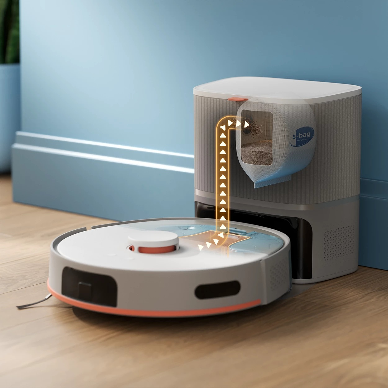 Robot odkurzający ze stacją dokującą. Pył jest przenoszony z robota do worka w stacji dokującej.