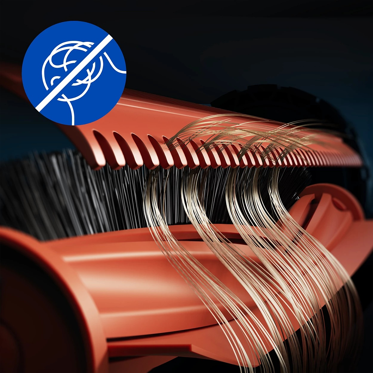 Pomarańczowa część odkurzacza ze znakiem zakazu plątania się, z włosami i szczotkami. Tło jest ciemnoniebieskie.