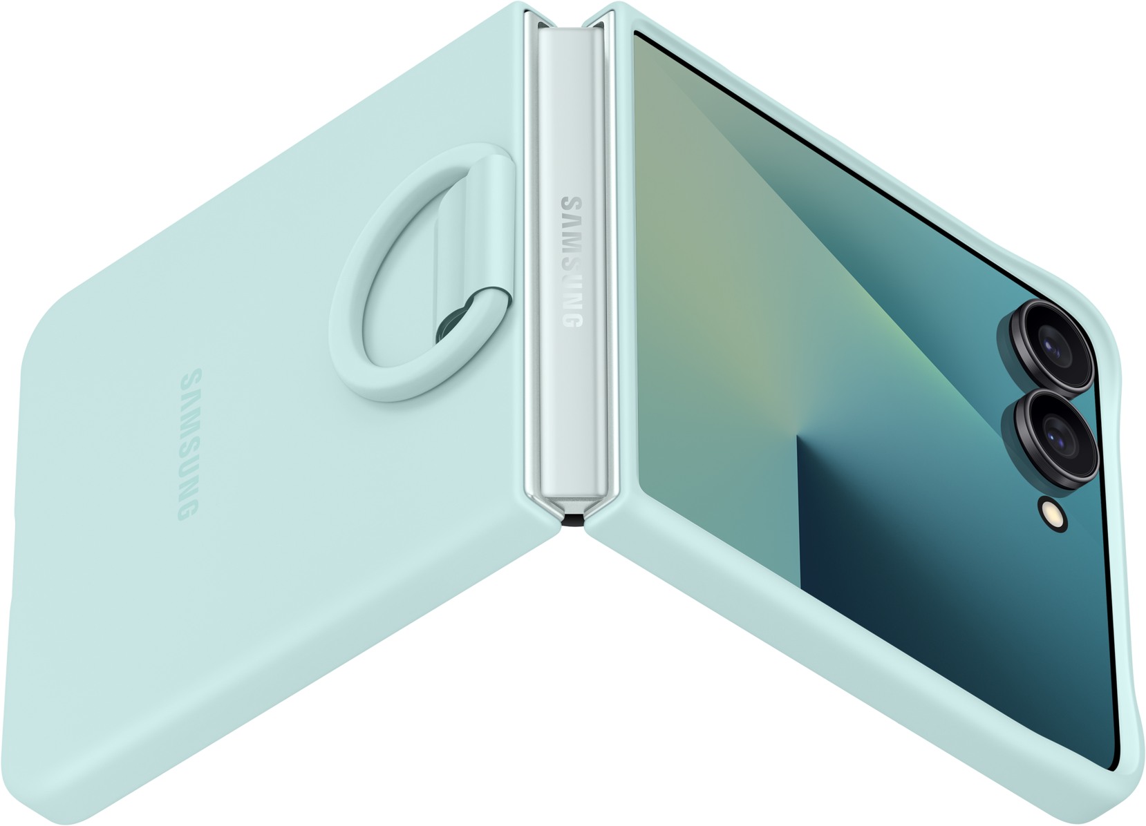 Un téléphone pliable Samsung bleu clair est montré ouvert. Il possède une poignée en anneau à l'arrière et deux caméras arrière.