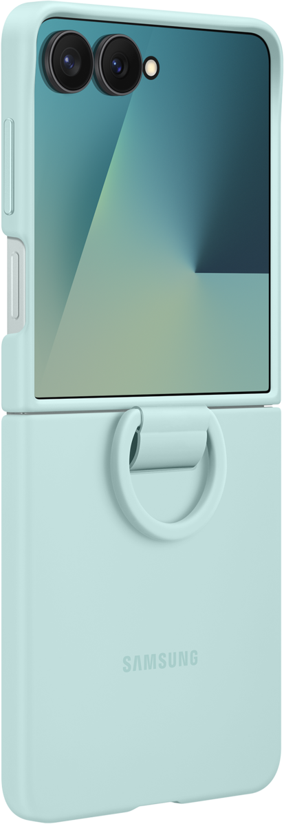 Un téléphone Samsung bleu clair dans un étui est présenté. Il est plié, avec deux caméras visibles. Un anneau est présent en bas.