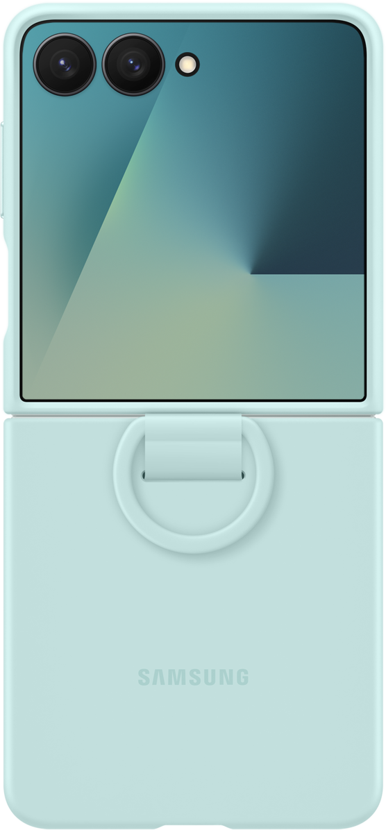 Un téléphone Samsung bleu clair dans un étui. Il est partiellement plié, avec un ensemble de caméras en haut et le logo Samsung en bas.