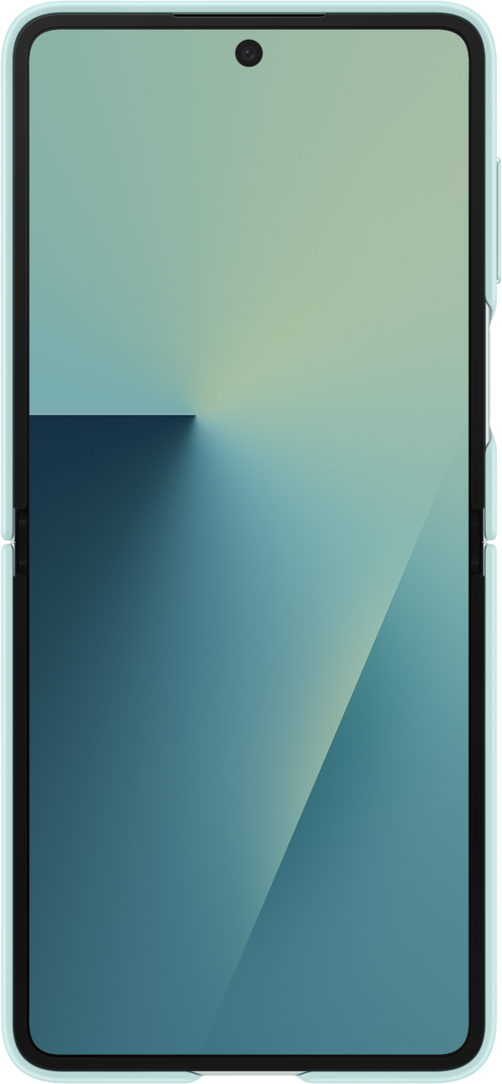 Un smartphone dans un étui turquoise. L'écran affiche un dégradé de bleus et de verts, avec une ombre sombre en haut.