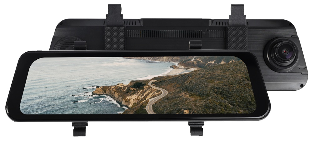 Czarna kamera samochodowa z wyświetlaczem pokazującym nadmorską drogę. Urządzenie ma kamerę i uchwyty.