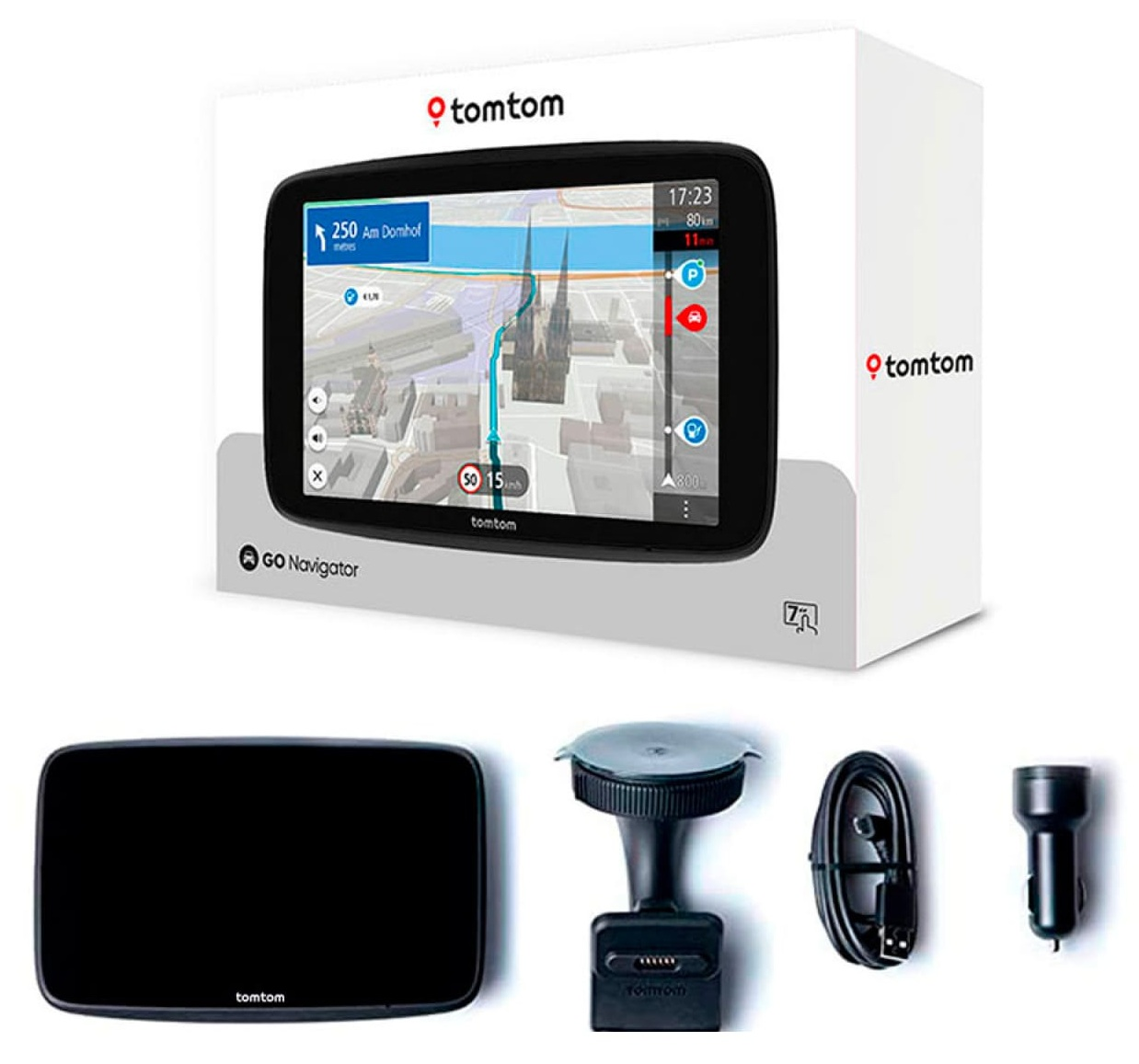 Urządzenie GPS TomTom w pudełku z akcesoriami. Ekran pokazuje mapę nawigacji. Poniżej znajduje się urządzenie zapasowe, uchwyt, kabel i ładowarka.