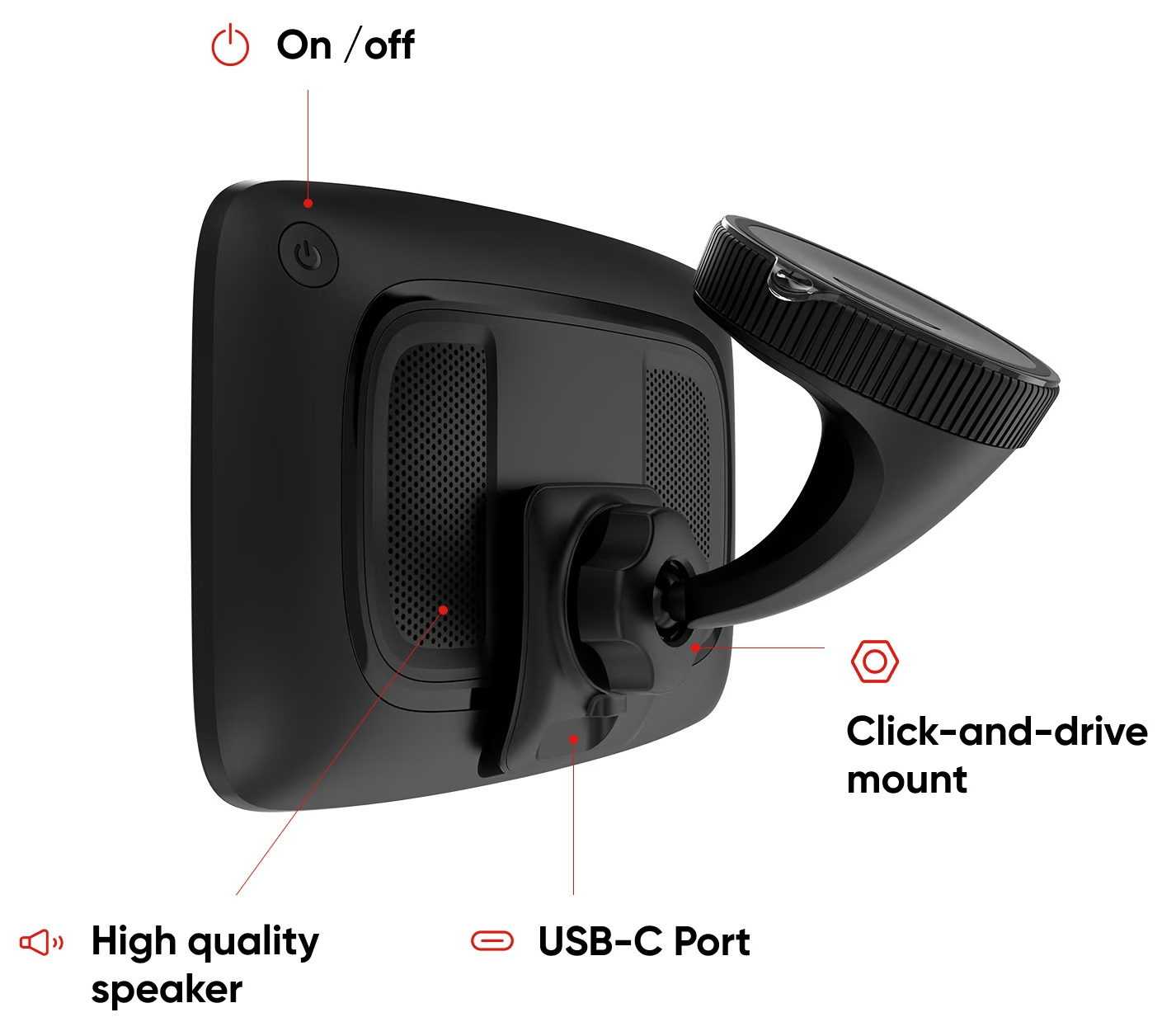 Czarny panel deski rozdzielczej samochodu z przyciskiem włączania/wyłączania, wysokiej jakości głośnikiem, portem USB-C i uchwytem.
