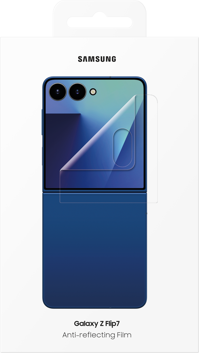 Scatola Samsung Galaxy Z Flip7. Il telefono è blu e ha una protezione schermo. La scatola è bianca con maniglia nera.
