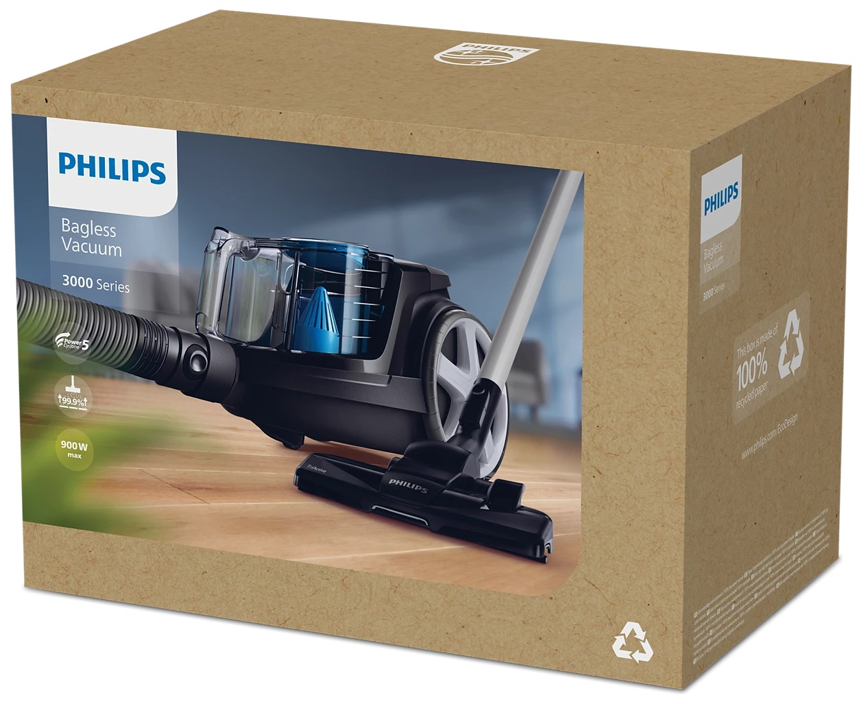 Odkurzacz bezworkowy Philips na brązowym kartonie. Pudełko pokazuje odkurzacz i jego funkcje.