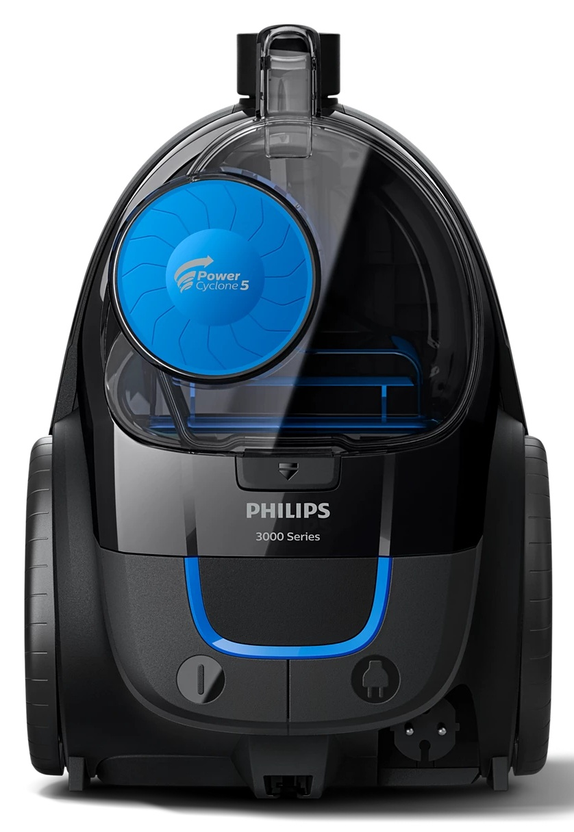 Czarno-niebieski odkurzacz Philips, technologia Power Cyclone 5. Przód ma niebieską linię. Widoczna jest seria 3000.