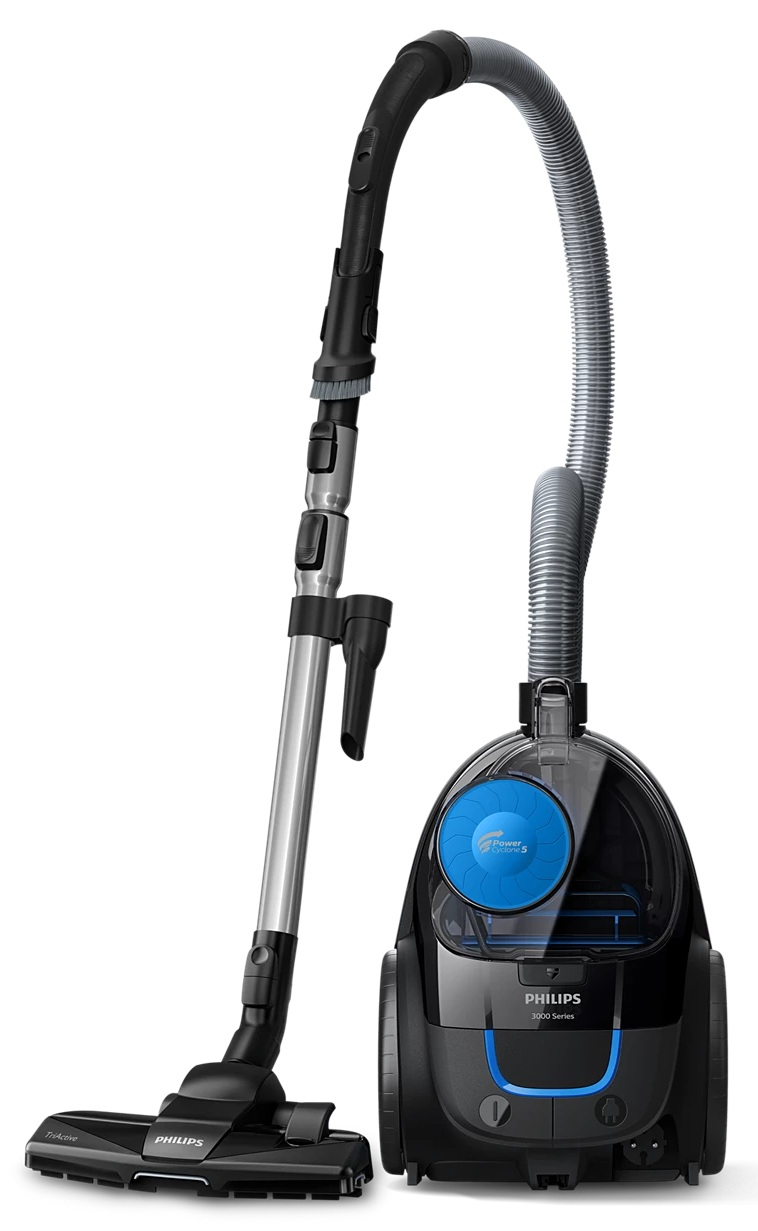 Czarny i srebrny odkurzacz Philips. Ma zakrzywiony wąż i głowicę szczotki. Odkurzacz ma niebieski przycisk zasilania.