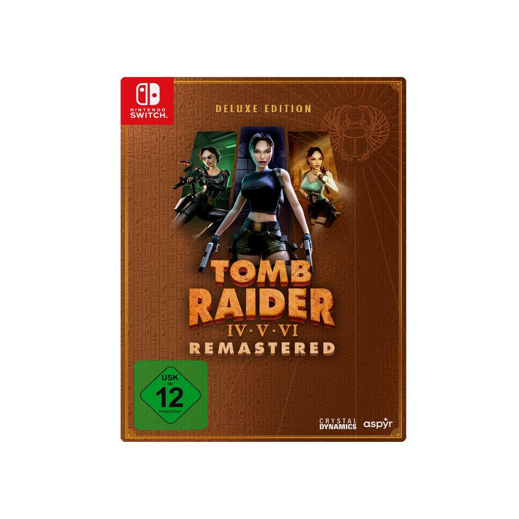 Tomb Raider IV-VI Remastered Spielcover für Nintendo Switch. Lara Croft mit Waffen, Deluxe Edition, USK 12.