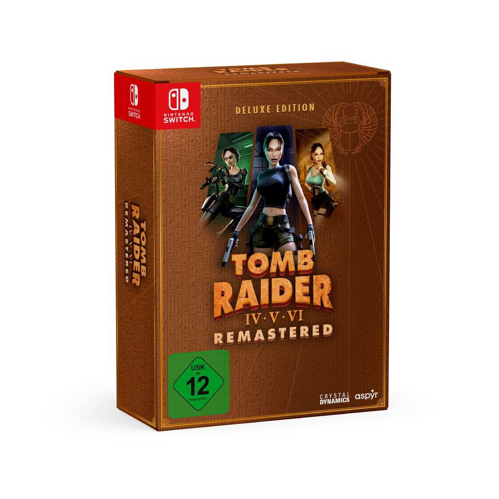 Tomb Raider IV-V-VI Remastered Deluxe Edition Box für Nintendo Switch. Mit Lara Croft, Spieltitel und Altersfreigabe.