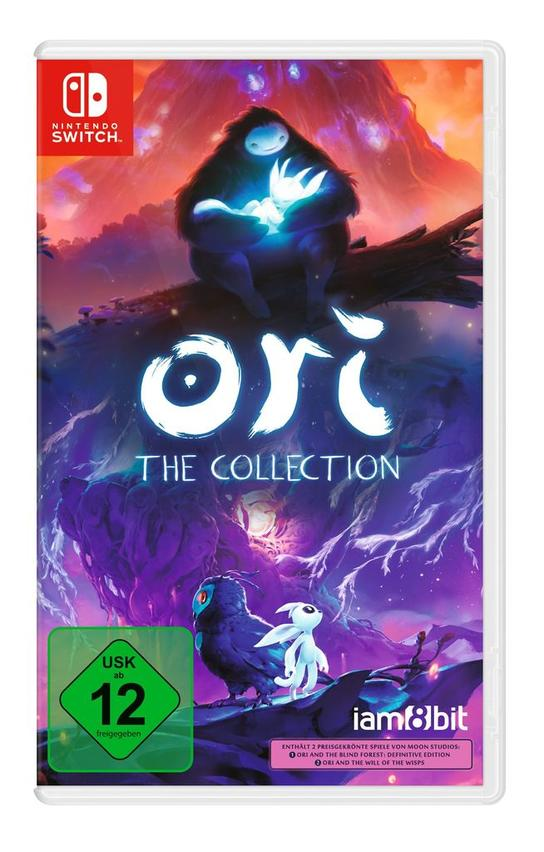 Spielhülle. Titel: Ori The Collection. Zeigt eine große Figur, die eine kleine, leuchtende Figur hält. Enthält das Nintendo Switch-Logo.