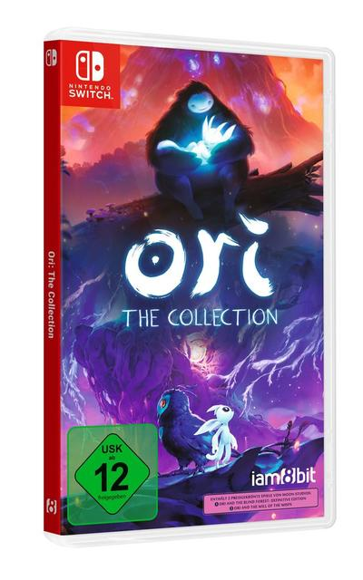 Spielhülle für Ori: The Collection. Zeigt Kunst eines leuchtenden Wesens, das von einem anderen gehalten wird. Ein Bewertungsschild und das Nintendo Switch-Logo sind sichtbar.