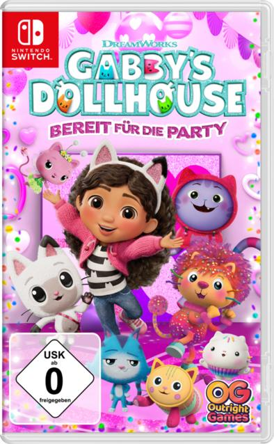 Gabby's Dollhouse-Spielcover. Gabby mit Katzenohren und Freunden. Rosa Hintergrund mit Konfetti. Nintendo Switch-Logo oben links.
