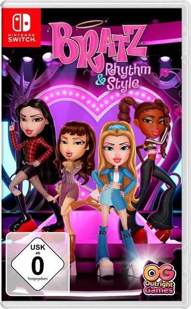 Bratz Rhythm & Style-Spielcover. Vier Bratz-Puppen stehen vor einer herzförmigen Kulisse. Das Nintendo Switch-Logo ist sichtbar.