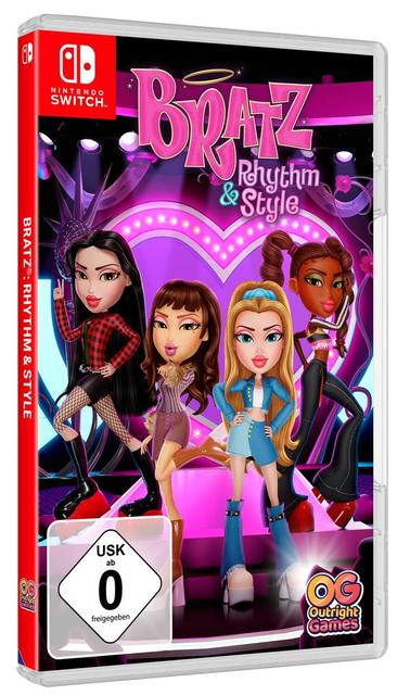 Spielbox für Bratz: Rhythm & Style auf Nintendo Switch. Zeigt vier Bratz-Puppen und einen rosa Herz-Hintergrund.