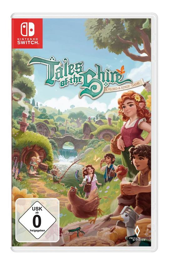 Spielcover für Tales of the Shire. Zeigt Charaktere, Hobbit-Häuser und ein Huhn. Nintendo Switch Logo sichtbar.