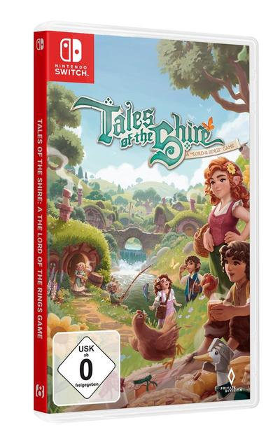 Spiel-Box-Art für "Tales of the Shire". Zeigt Charaktere in einer Shire-ähnlichen Umgebung mit Fluss, Brücke und Hobbit-Häusern.