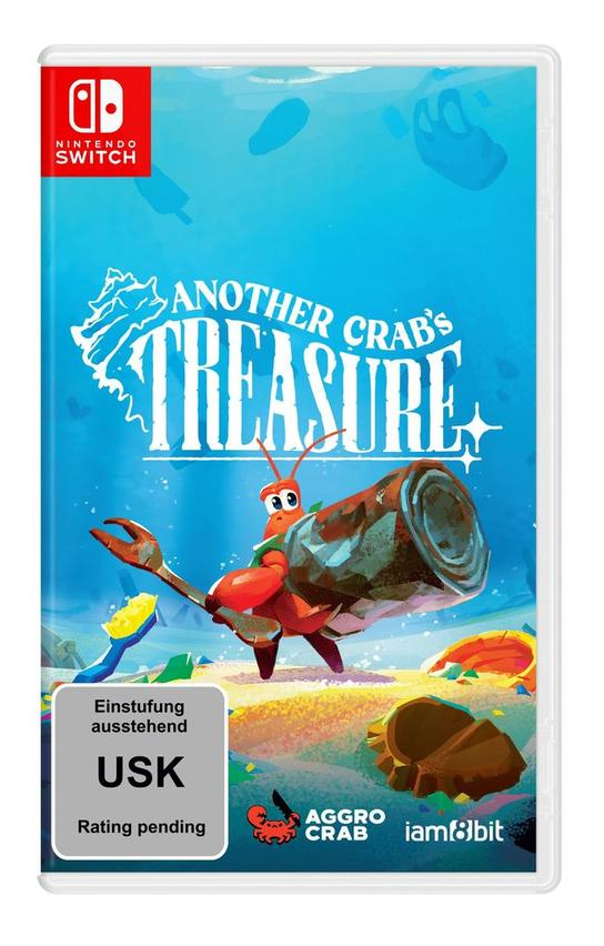 Spielcover für 'Another Crab's Treasure'. Eine Krabbe hält eine rostige Dose. Der Hintergrund ist blau.