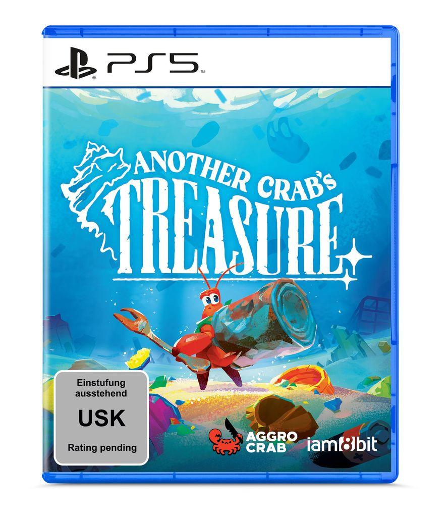 Ein PS5-Spielcover für 'Another Crab's Treasure'. Es zeigt eine Krabbe mit einer Muschel auf blauem Grund mit dem Logo und Titel des Spiels.