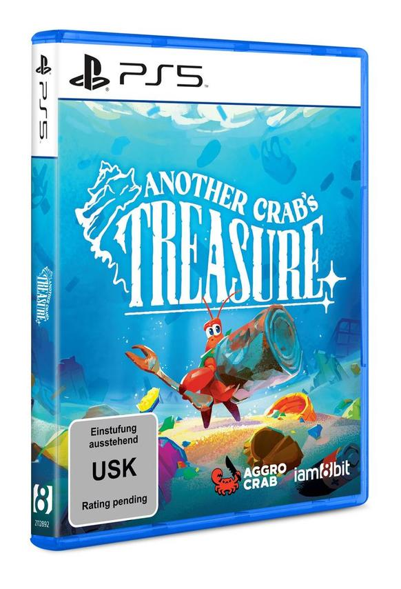Eine PS5-Spielbox mit dem Titel 'Another Crab's Treasure'. Eine Krabbe hält ein Fass. USK-Einstufung sichtbar.