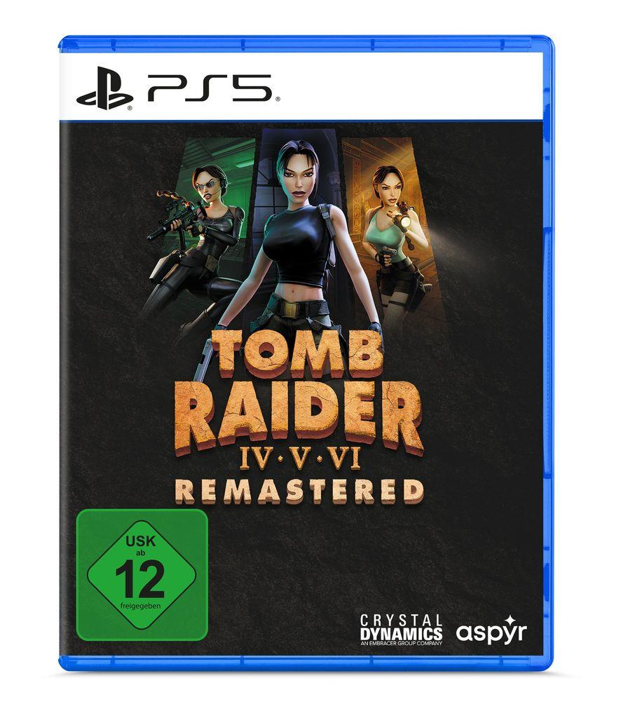 Spielcover für Tomb Raider IV-VI Remastered auf PS5. Zeigt Lara Croft und andere Charaktere. USK-Bewertung 12.