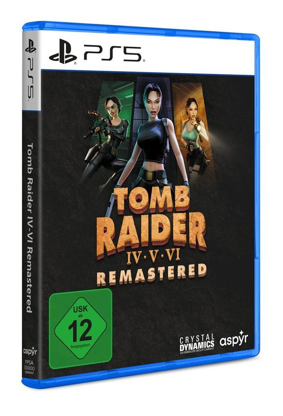 Spielcover von Tomb Raider IV-VI Remastered. Zeigt Lara Croft und andere Charaktere. PS5-Logo und Altersfreigabe sind sichtbar.