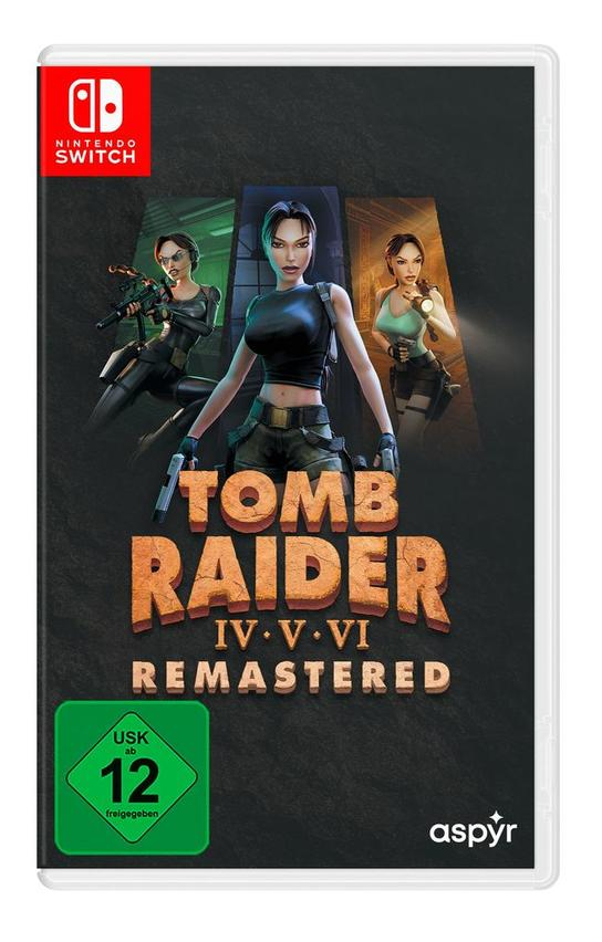 Tomb Raider IV, V, VI Remastered Spielcover. Lara Croft posiert mit Waffen. Nintendo Switch Logo und USK 12 Bewertung sind sichtbar.