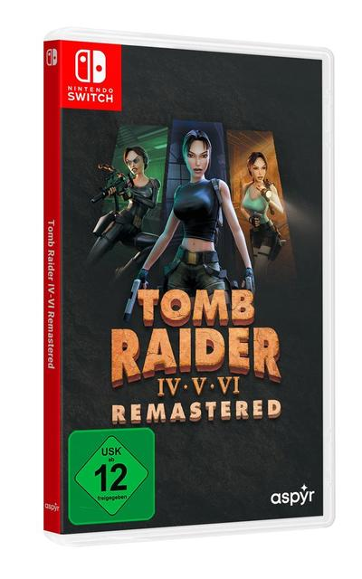 Tomb Raider IV-VI Remastered Nintendo Switch-Spielcover. Mit Lara Croft, Spieletitel und Bewertung. Dunkler Hintergrund.