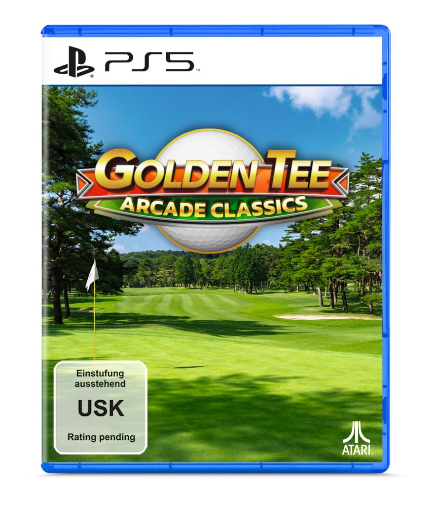 PS5-Spielhülle für Golden Tee Arcade Classics. Zeigt ein Golfplatzbild mit dem Logo des Spiels und dem Hinweis auf die Alterseinstufung.