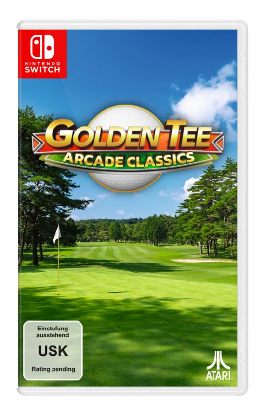 Golden Tee Arcade Classics für Nintendo Switch. Im Hintergrund eine Golfplatzszene. Himmel und Bäume sind sichtbar.