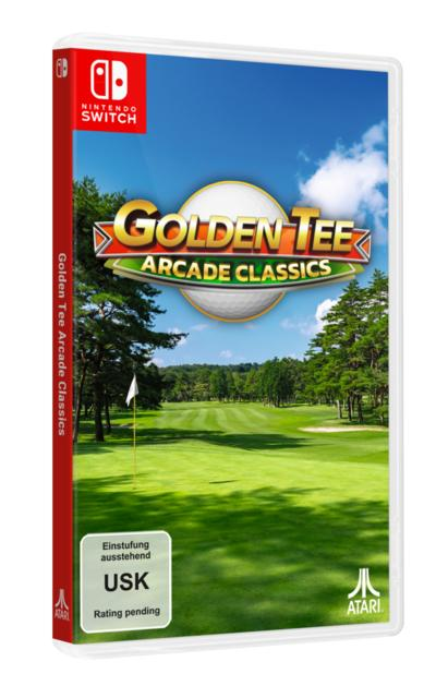 Das Spielcover zeigt einen Golfplatz mit dem Golden Tee Arcade Classics Logo. Nintendo Switch-Branding ist sichtbar.