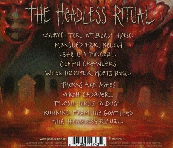 Albumcover mit dunkelrotem Hintergrund. Weißer Text listet Songtitel wie 'The Headless Ritual'. Barcode und Logo unten.