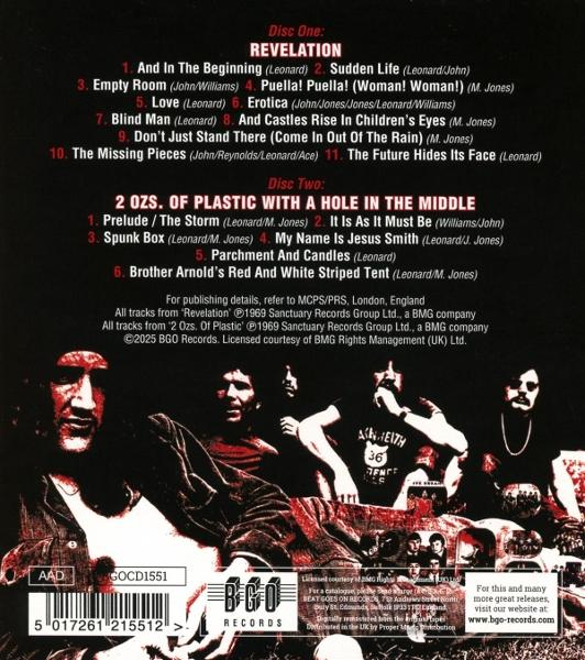 Albumcover mit Bandmitgliedern. Text listet Songs, Albumtitel und Plattenlabel auf. Der Hintergrund ist ein verblasstes Bandbild.
