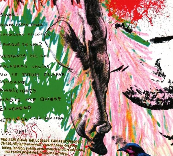 Kunstwerk mit grünem Text, einem Gesicht und einem Vogel. Der Text enthält spanische Songtitel. Der Hintergrund ist rosa, rot und schwarz.