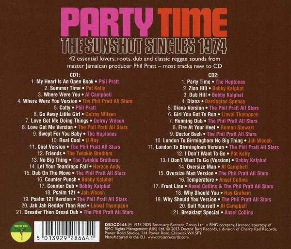 Albumcover für 'Party Time' mit Text und Songlisten. Es hat ein rotes und rosa Farbschema.
