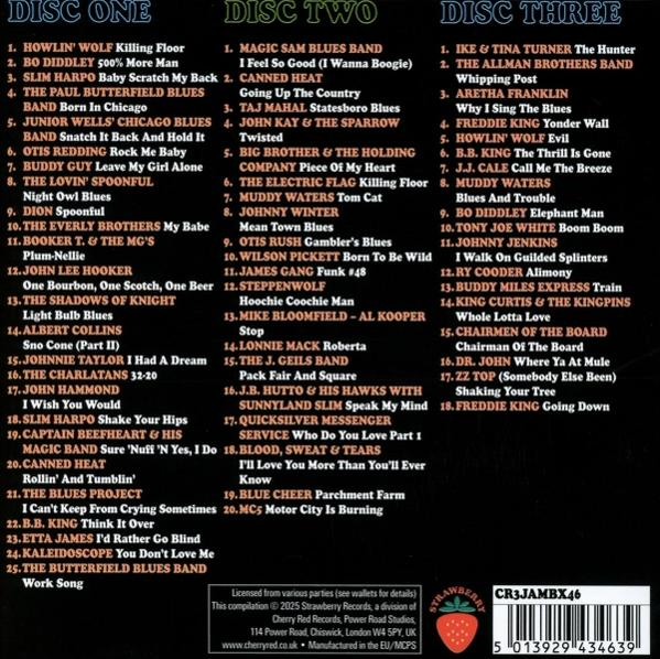 Albumcover mit drei CDs, die Blues-Musik-Tracks auflisten. Disc 1, 2 und 3 sind sichtbar, mit Künstler- und Songtiteln.