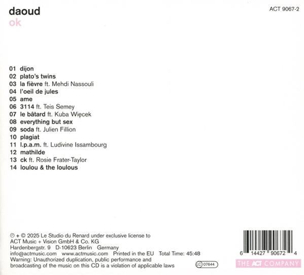 CD-Cover: Künstler 'daoud', Album 'ok'. Tracks aufgelistet. Barcode und Firmenlogo unten. Weißer Hintergrund.
