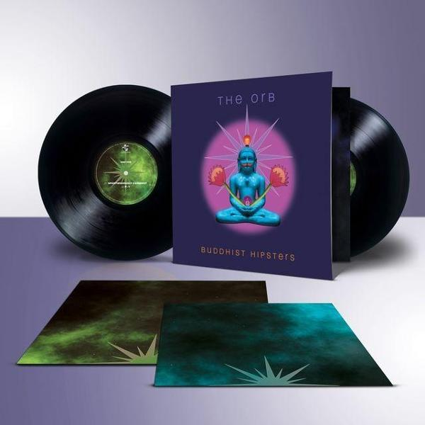 Vinyl-Schallplattenalbumcover von The Orb, 'Buddhist Hipsters'. Zeigt einen blauen Buddha, umgeben von Schallplatten und Einlagen.