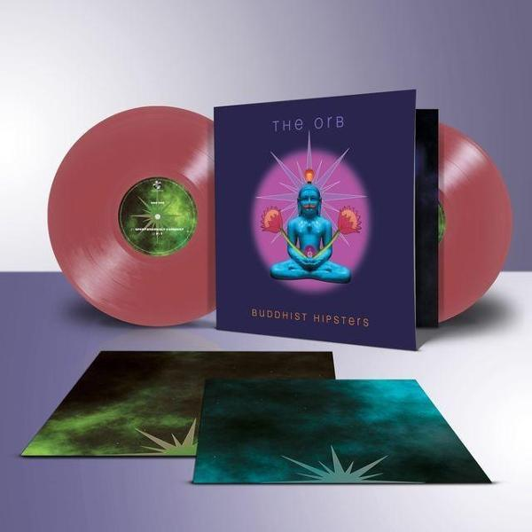 Albumcover mit Buddha-Figur, pinkfarbenen Schallplatten und zwei Karten mit abstrakten Designs.