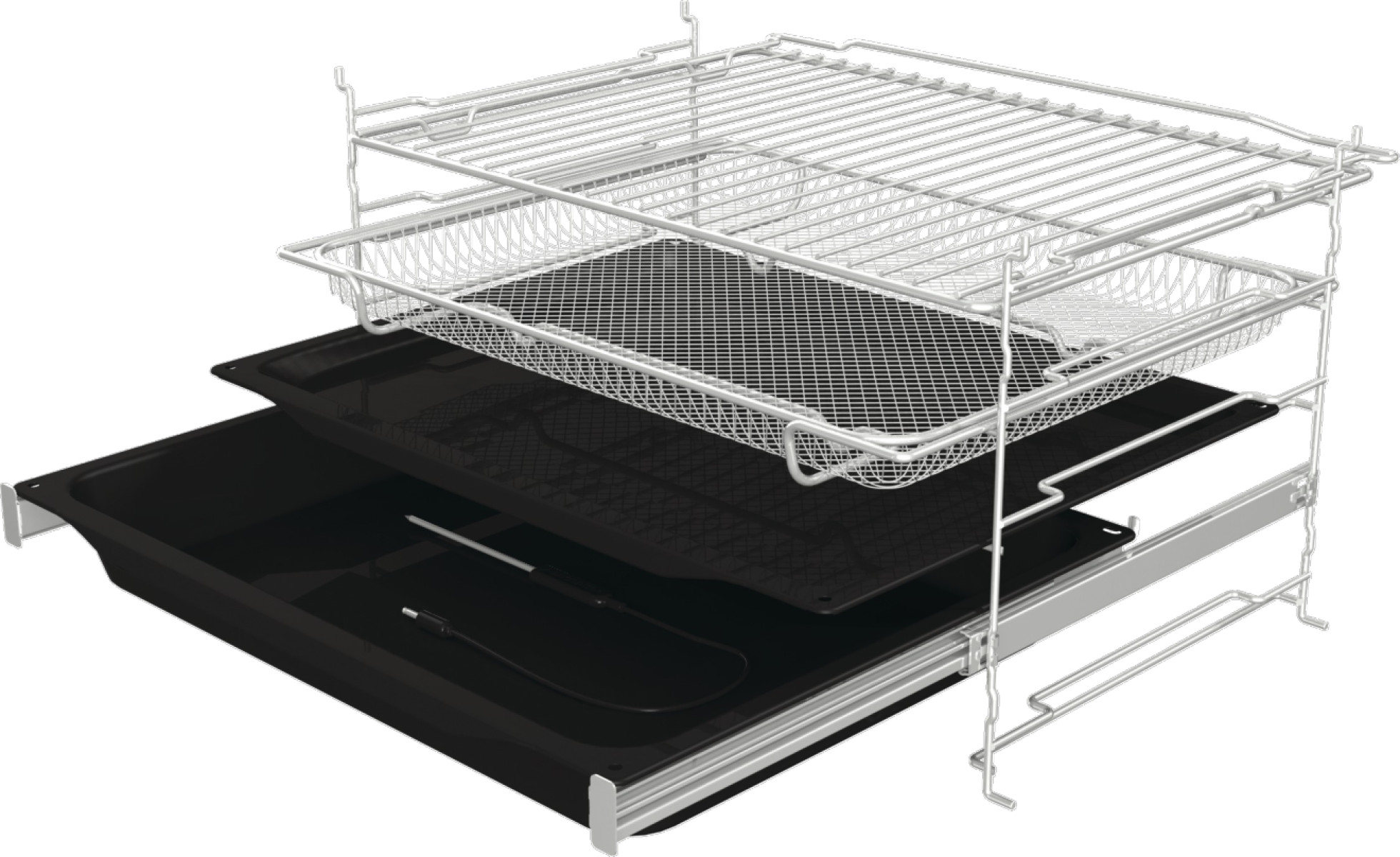 Widok rozłożony frytkownicy powietrznej, pokazujący druciany ruszt, kosz z siatki i czarne tace, wszystko wsparte na metalowej ramie.