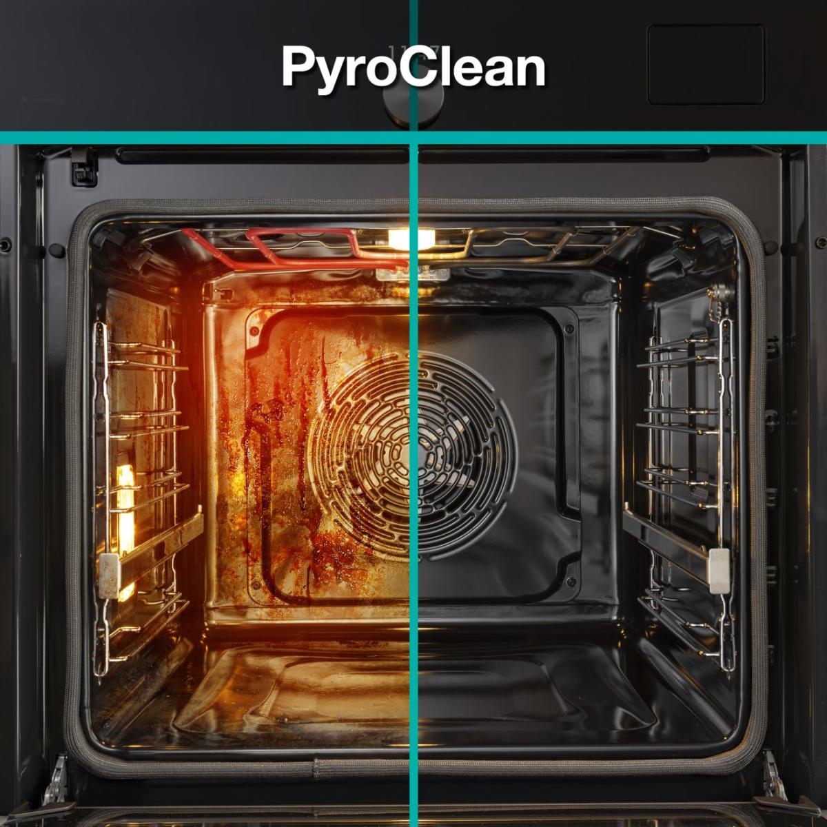 Wewnątrz piekarnika, jedna strona brudna, druga czysta. Brudna strona ma resztki jedzenia. Tekst PyroClean na górze.